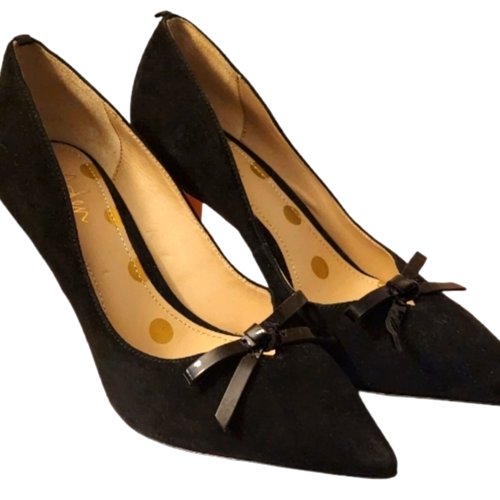 Boden Eleanor w/ Bow Black Suede Point Heels 6.5